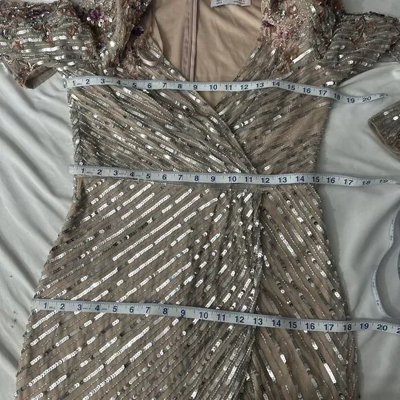 NWT $698 Mac Duggal [ 8 ] 5628 Long Sleeve Embellished Puff Sleeve‎ Gown Nude